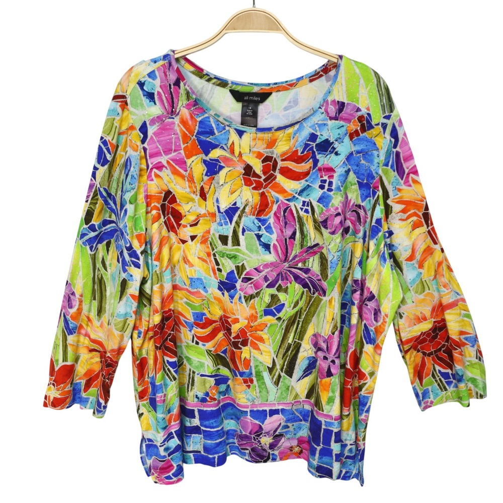 Ali Miles Mosaic Floral Rhinestone Top 1X Multicolor Art to Wear Jersey Blouse